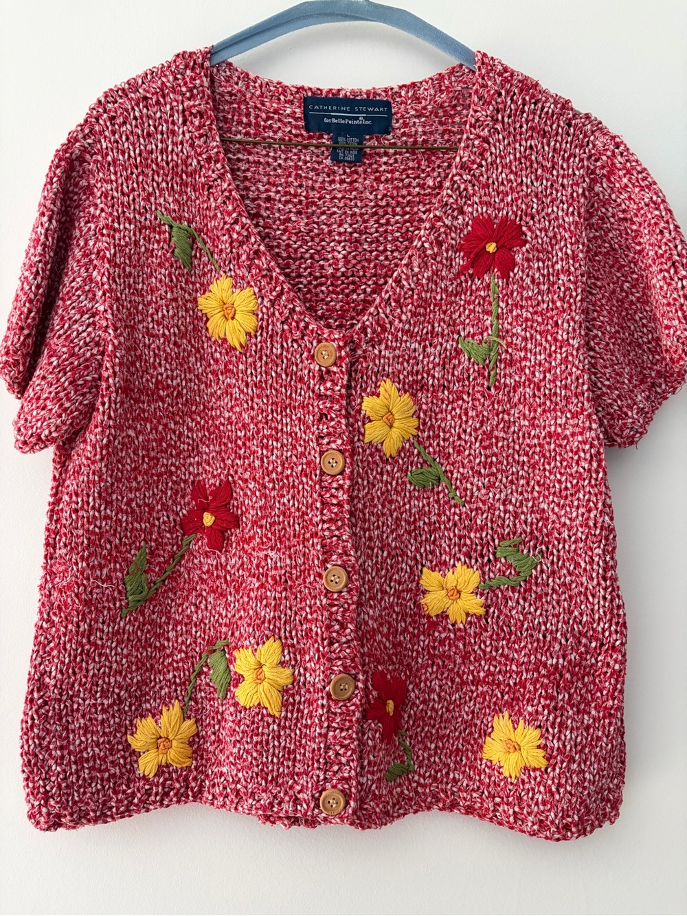 Catherine Stewart for Belle Pointe Embroidered Floral Cardigan Textured Knit Lg.